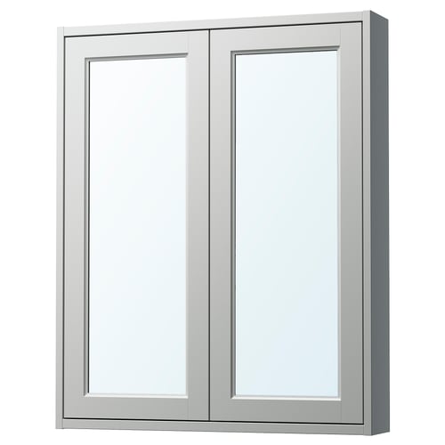 A TÄNNFORSEN light grey mirror cabinet with bevelled panels. Rectangular, two doors, and has a sleek modern design.
