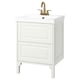 A white TÄNNFORSEN bathroom vanity with two drawers, a square ceramic sink, and gold tap.