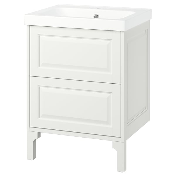 A TÄNNFORSEN white bathroom vanity with a ceramic sink and two drawers.