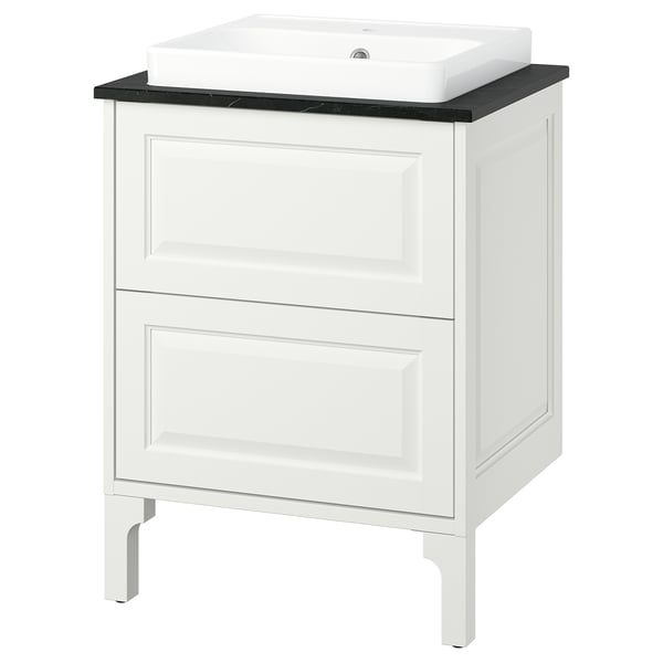 TÄNNFORSEN white bathroom cabinet, classic design with bevelled edges, marble countertop, and rectangular sink.