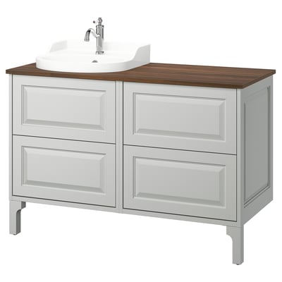TÄNNFORSEN light grey bathroom vanity, featuring classic design with bevelled panels, ceramic basin, and wooden countertop.