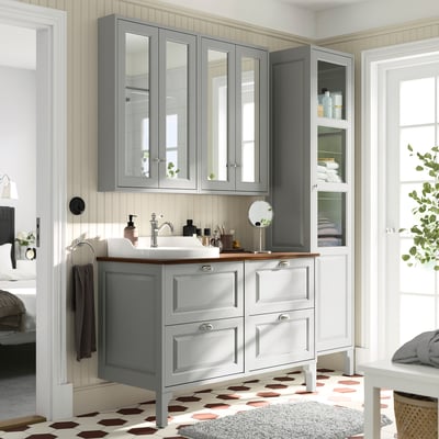Modern grey bathroom cabinet with sink, mirror, and storage.