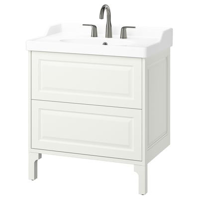 White TÄNNFORSEN vanity, classic design with 2 drawers, elegant bevelled edges, raised backsplash, chrome tap.