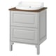 A TÄNNFORSEN light grey bathroom vanity with a wooden countertop, a semi-recessed white ceramic sink, and two drawers.