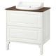 White TÄNNFORSEN bathroom cabinet, wooden top, semi-recessed sink, two drawers.