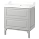 Elegant light grey bathroom cabinet. 2 large drawers, smooth counters, and classic bevelled edges.