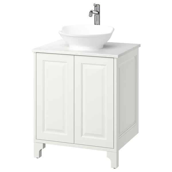 White TÄNNFORSEN bathroom vanity, classic design, vessel sink, marble top, two doors.