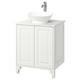 White TÄNNFORSEN bathroom vanity, classic design, vessel sink, marble top, two doors.