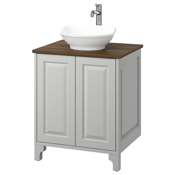 TÄNNFORSEN light grey bathroom cabinet with wooden countertop, white bowl sink, silver tap, classic design.
