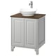 TÄNNFORSEN light grey bathroom cabinet with wooden countertop, white bowl sink, silver tap, classic design.