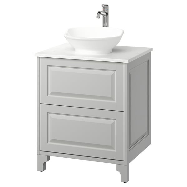 TÄNNFORSEN vanity in light grey with marble countertop and round white bowl sink, classic design.