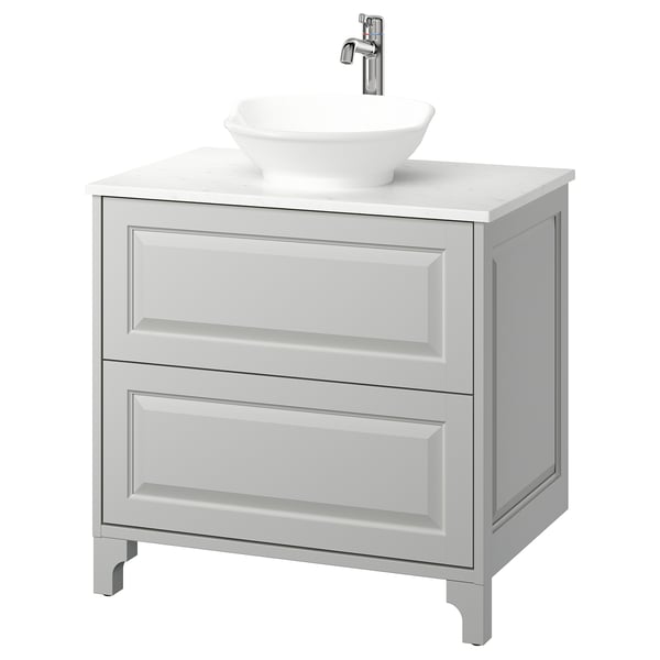 White TÄNNFORSEN bathroom vanity, marble countertop, bowl sink, grey cabinet, classic design.