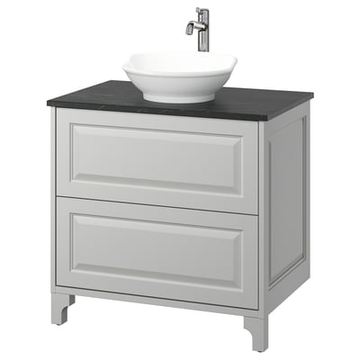 TÄNNFORSEN white vanity with marble top, round basin, silver tap, four drawers, bevelled edges.