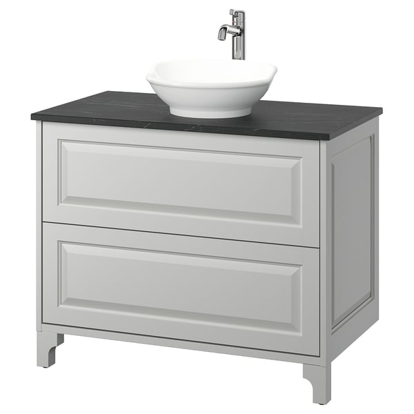 TÄNNFORSEN light grey bathroom cabinet, classic design with bevelled edges, ceramic round sink, chrome tap.