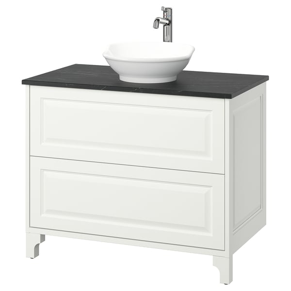 TÄNNFORSEN white vanity, classic design, black countertop, ceramic bowl.