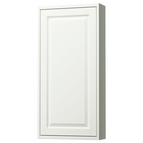 TÄNNFORSEN white wall cabinet, classic bevel details, shallow storage with glass shelf.