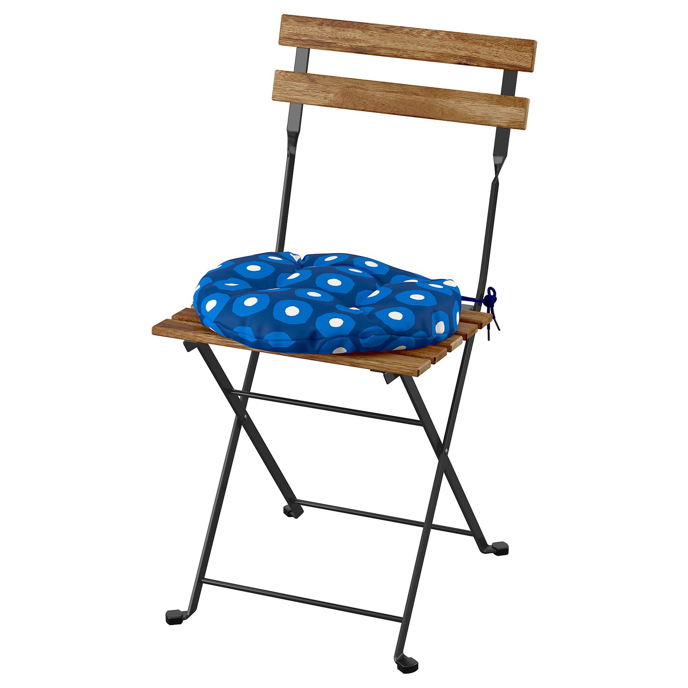Blue cushioned wooden chair; rectangular seat & back, black metal legs.