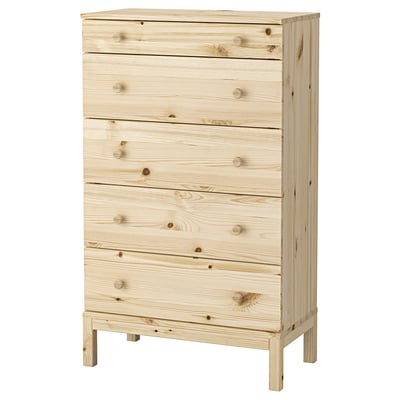 A wooden TARVA chest of drawers with a natural finish, six drawers, and square legs. Its simple and sturdy with a natural wood grain texture.