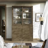 TONSTAD Storage combination with drawers, brown stained oak veneer/glass, 121x47x210 cm