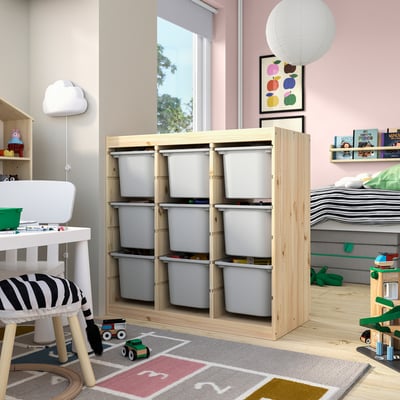 TROFAST Storage combination with boxes, room divider/light white stained pine grey, 93x44x91 cm