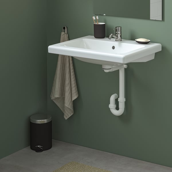 TVÄLLEN Wash-basin with water trap, white, 64.9x48.7 cm