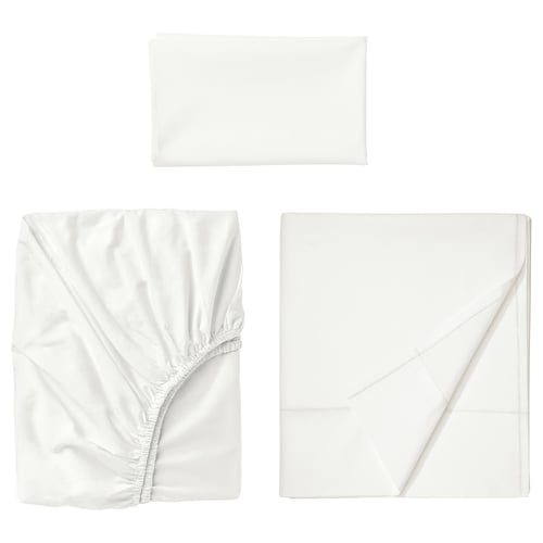 White ULLVIDE bed sheet set: flat, fitted sheets, and pillowcase. Crisp percale weave, 85% cotton, 15% lyocell. Elastic edges, matte finish.