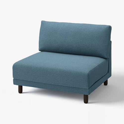 Blue fabric sofa, wooden legs, modern design.
