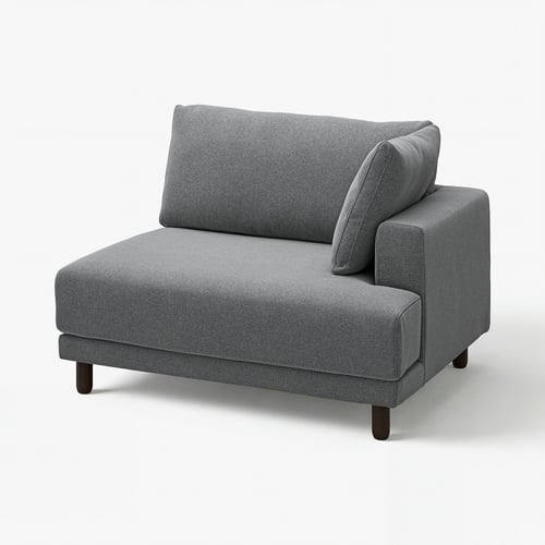 Grey modern sofa, sleek design, cushioned, with detachable pillows, perfect for cosy comfort.