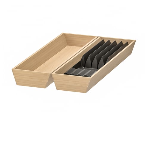 UPPDATERA wooden utensil tray and knife rack, light brown, rectangular, divided compartments.