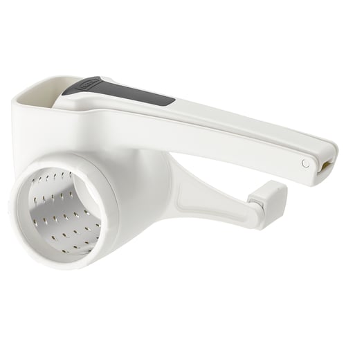 White UPPFYLLD grater with long handle, side handle, removable shredding insert.