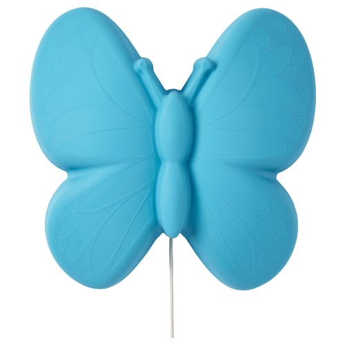 A blue butterfly-shaped lamp. It is designed for children, featuring a playful and soothing light. The lamp is made of recycled polypropylene plastic.