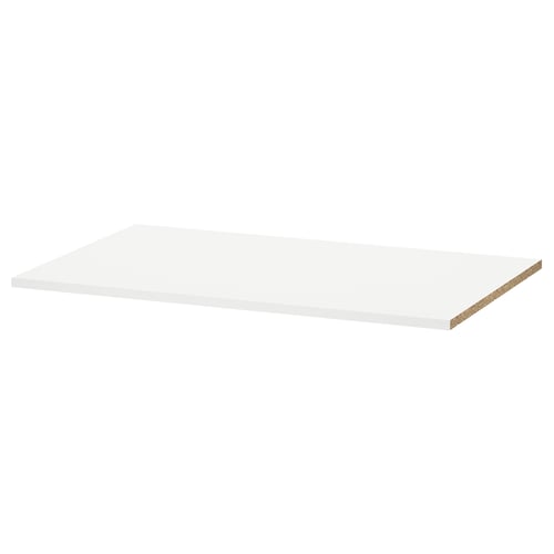 A white UTRUSTA shelf. Its a rectangular, melamine-covered particleboard, durable and easy to clean. Designed for use in corner cabinets.
