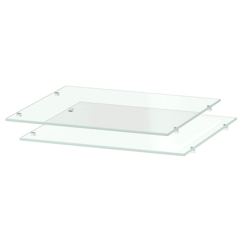 Two clear glass shelves with metal clips, rectangular shape, modern design.