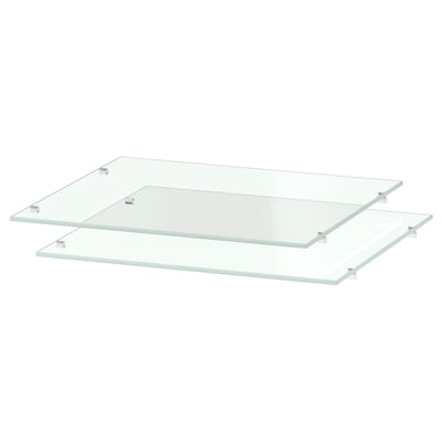 Two clear glass shelves with metal clips, rectangular shape, modern design.