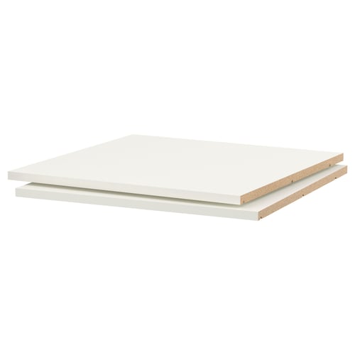 UTRUSTA shelves in white, made of melamine with a scratch-resistant surface. The rectangular shelves have a thick, sturdy frame.