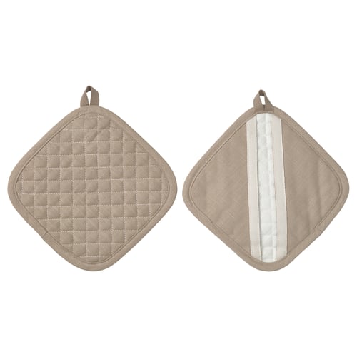Two VÄLVÅRDAD potholders, beige, diamond-shaped, quilted design with loop hanger.