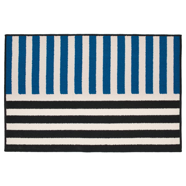 VÄNDPLATS Rug, low pile, blue black/stripe, 60x90 cm