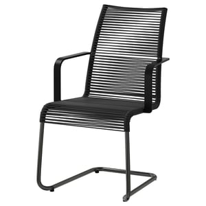 VÄSMAN black outdoor chair, sleek design, sturdy steel frame, comfortable spring seat.