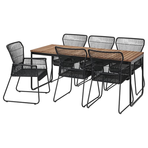 VÄSMAN / TALLSKÄR Table+6 chairs w armrests, outdoor, extendable light brown stained/anthracite, 135x190/74 cm