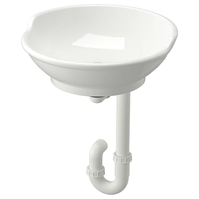 Ceramic washbasin, round, raised back, traditional design, soft edges.