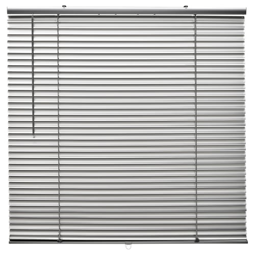 Image shows VECKLARFLY aluminium venetian blinds, silver, rectangular with horizontal slats.