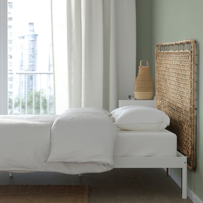 VEVELSTAD Bed frame with 1 headboard, white/Tolkning rattan, Twin