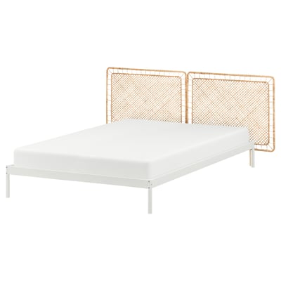 VEVELSTAD Bed frame with 2 headboards, white/Tolkning rattan, Queen