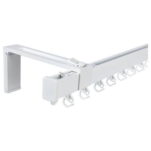 This image shows a white VIDGA curtain rail system, made of aluminium with plastic stoppers and gliders.