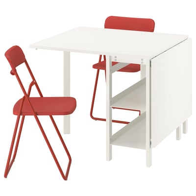 VIHALS / VIHALS Table and 2 folding chairs, gateleg table white/red, 39/95/151x90 cm