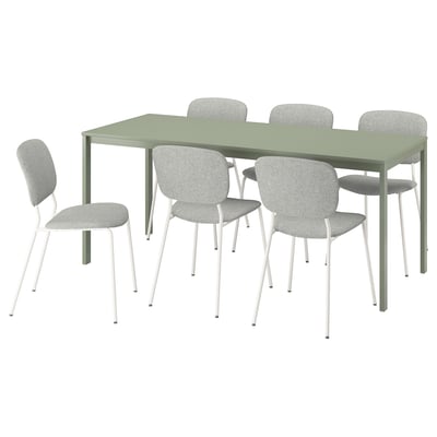 A green VIHALS dining table and six grey chairs. The chairs have white metal legs and cushioned seats.
