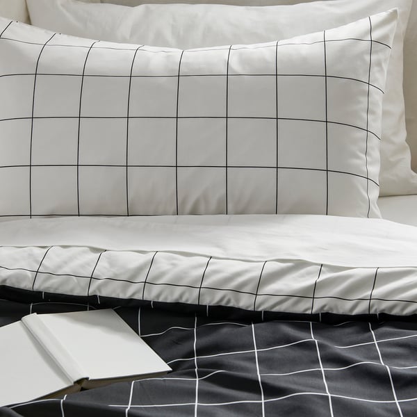 VITKLÖVER Comforter set, white black/check, Full/Queen