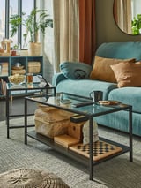 VITTSJÖ Nest of tables, set of 2, black-brown/glass, 90x50 cm