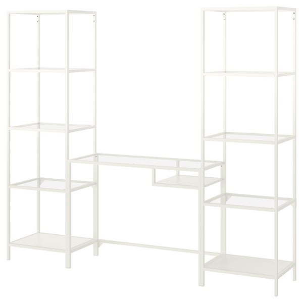 VITTSJÖ Shelving unit with laptop table, white/glass, 202x36x175 cm