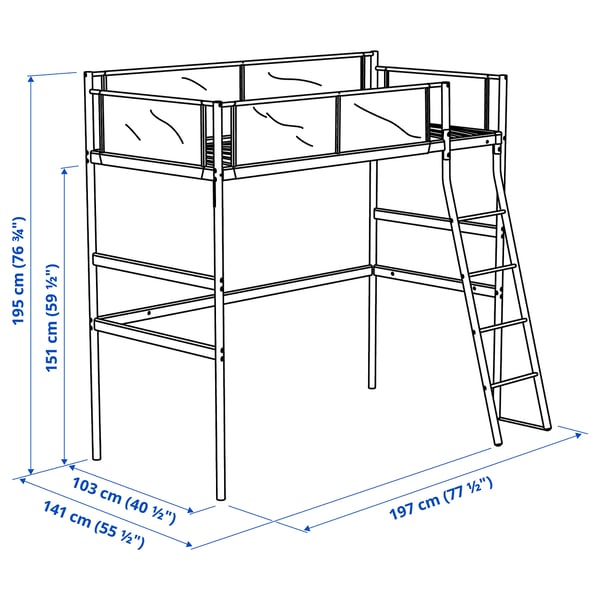 VITVAL Loft bed frame, white/light grey, Twin